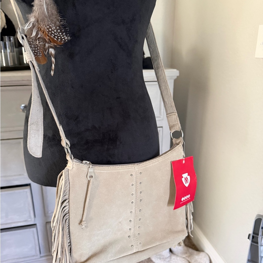 Minnetonka Suede Fringe Crossbody Shoulder Bag - Beige